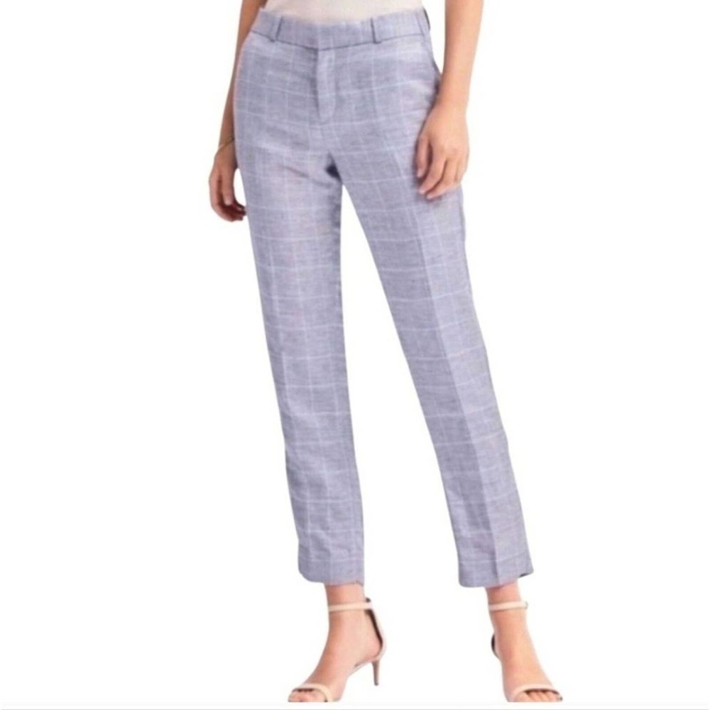Banana Republic Pants Avery Straight Windowpane Tapered Cropped Linen Blue Sz 8